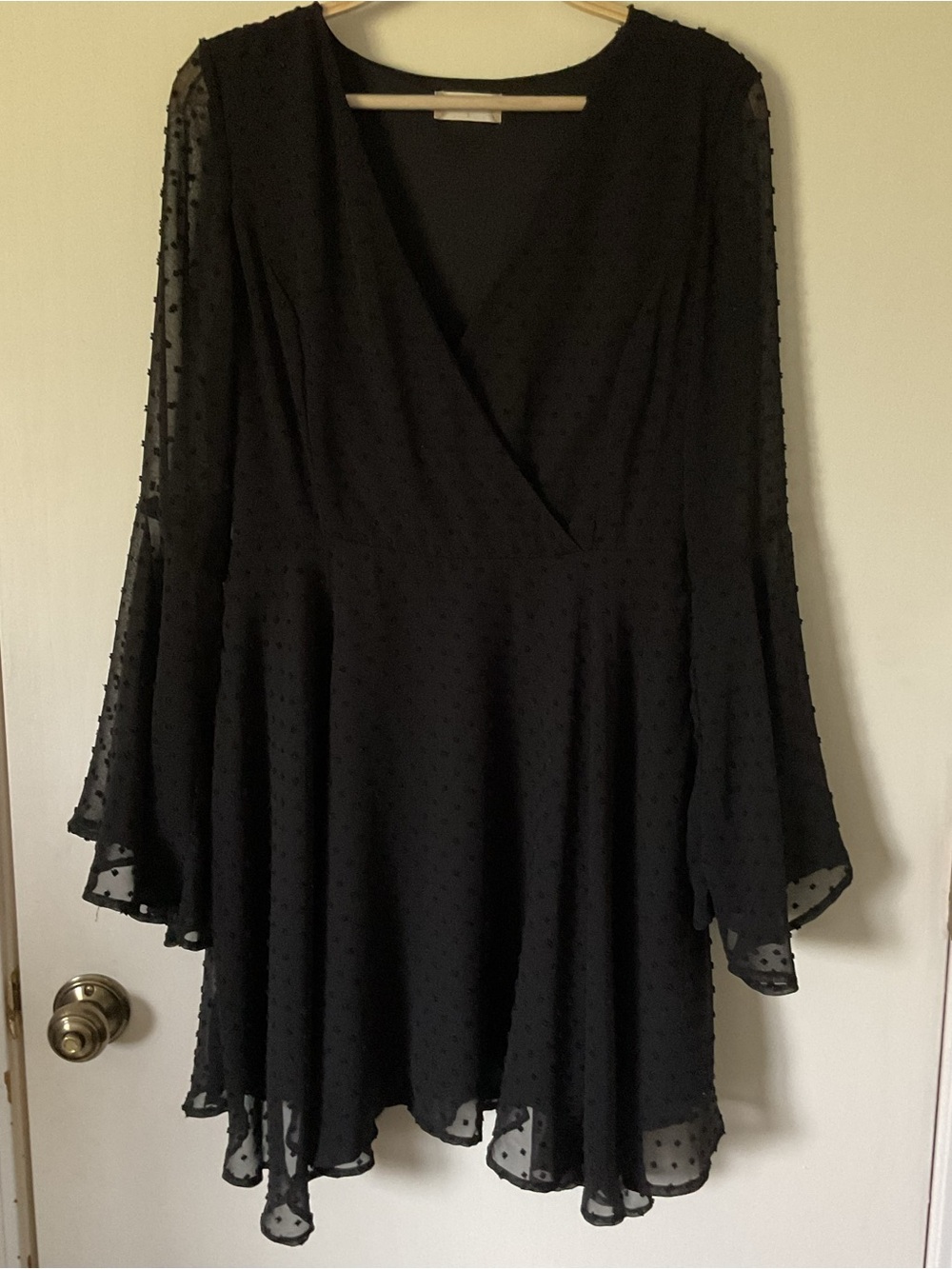 Black Sheer Whimsigoth Grunge Fairy Swiss Dot Bell Long Sleeves V-Neck Dress S